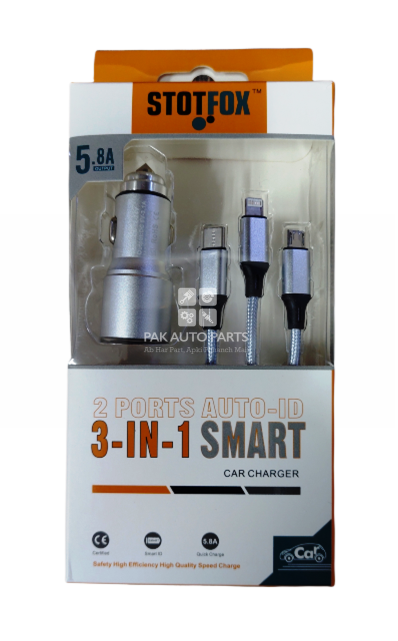 Picture of 3-IN-1 Smart Fast Car Charger 5.8A, With Multi-Connectors (iPhone, USB-C & Micro)