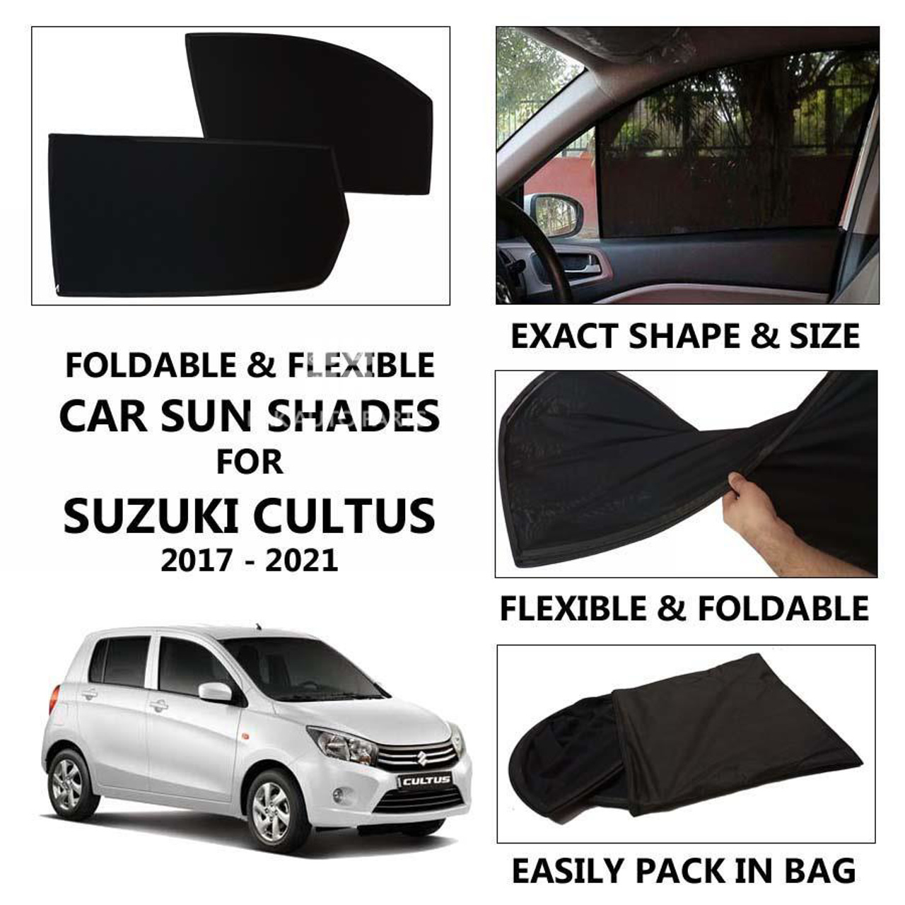 Picture of Foldable & Flexible Car Sunshades For Suzuki Cultus New Shape 2017 - 2021 - Dark Black - High Quality Jersy Cloth