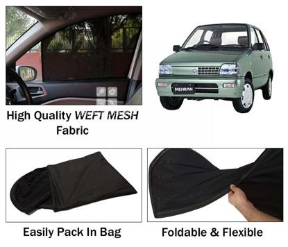 Picture of Suzuki Mehran Sun Shades | High Quality Weft Mesh Fabric | Foldable | Dark Black | Heat Proof | 4pcs Set