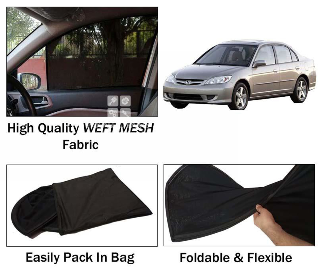 Picture of Honda Civic 2002 - 2006 Sun Shades | High Quality Weft Mesh Fabric | Foldable | Dark Black | Heat Proof | 4pcs Set