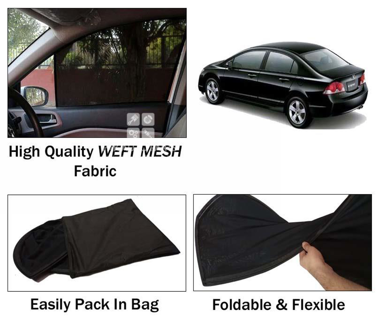 Picture of Honda Civic 2007 - 2012 Sun Shades | High Quality Weft Mesh Fabric | Foldable | Dark Black | Heat Proof | 4pcs Set