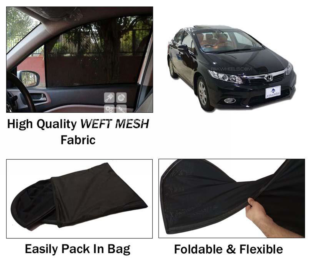 Picture of Honda Civic 2013 - 2015 Sun Shades | High Quality Weft Mesh Fabric | Foldable | Dark Black | Heat Proof | 4pcs Set