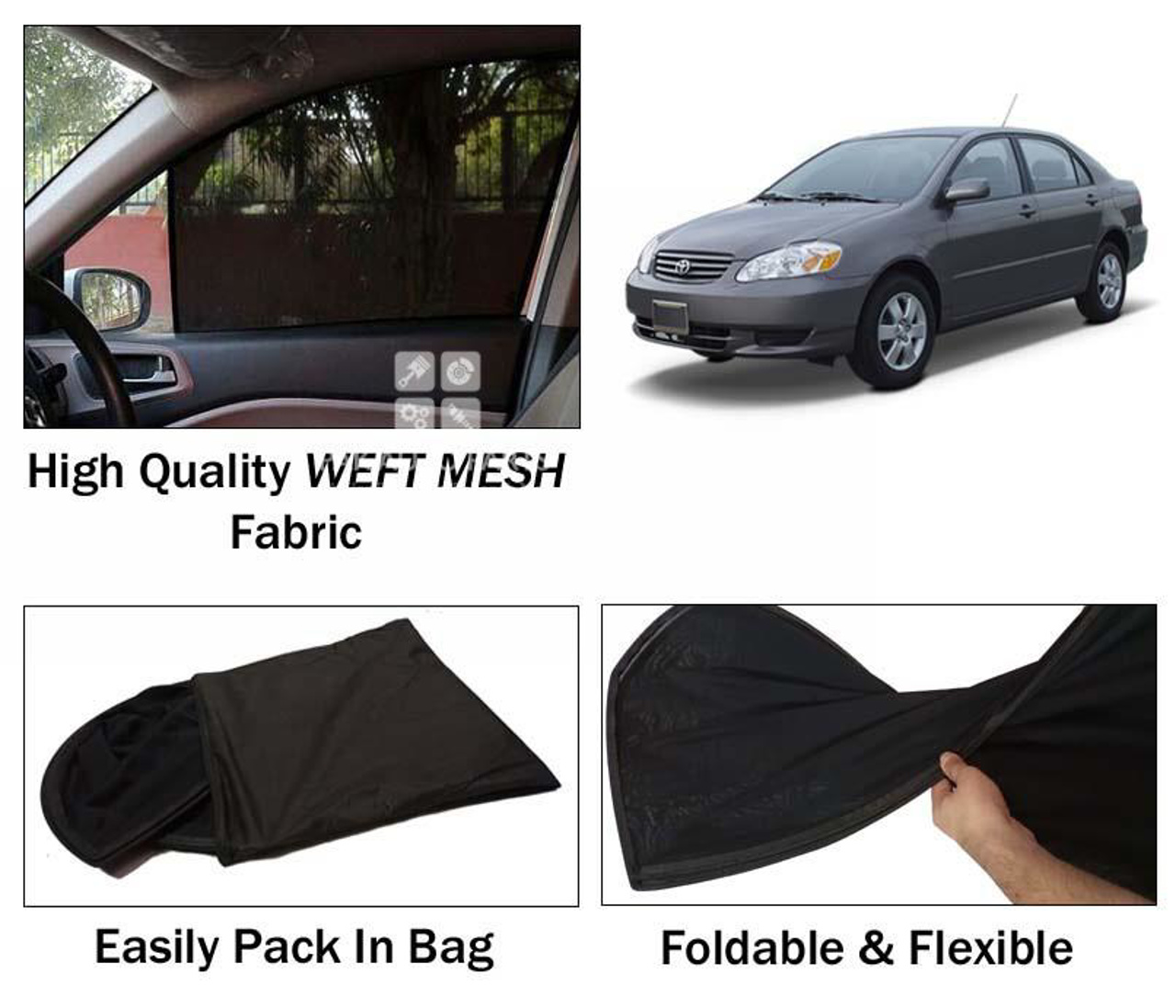 Picture of Toyota Corolla 2002 - 2008 Sun Shades | High Quality Weft Mesh Fabric | Foldable | Dark Black | Heat Proof | 4pcs Set