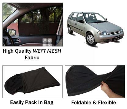 Picture of Suzuki Cultus Old Sun Shades | High Quality Weft Mesh Fabric | Foldable | Dark Black | Heat Proof | 4pcs Set