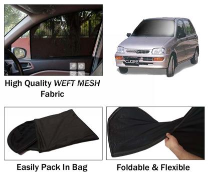 Picture of Daihatsu Cuore Sun Shades | High Quality Weft Mesh Fabric | Foldable | Dark Black | Heat Proof | 4pcs Set