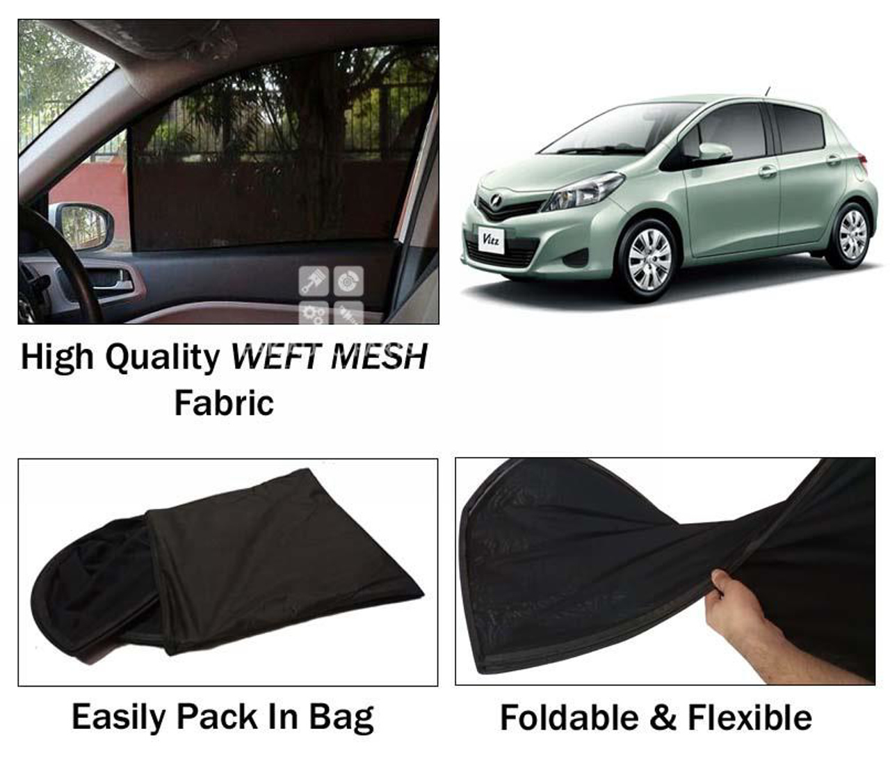 Picture of Toyota Vitz 2005 - 2020 Sun Shades | High Quality Weft Mesh Fabric | Foldable | Dark Black | Heat Proof | 4pcs Set