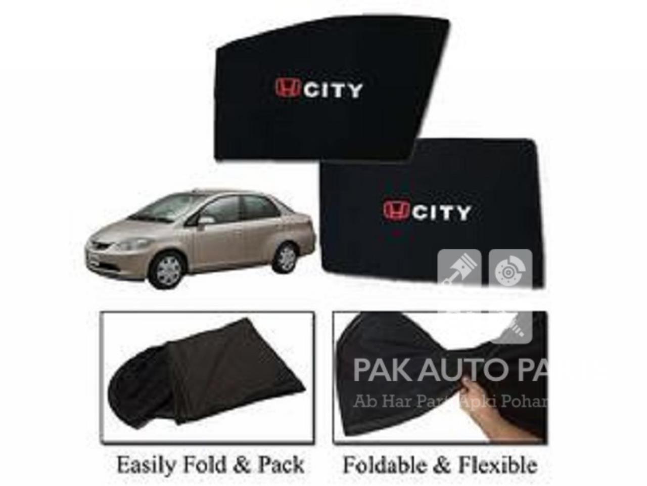 Picture of Honda City 2002 to 2008 Sun Shades Car Windows Curtains 4 pieces With City Logo | Fold-able | Jet Black