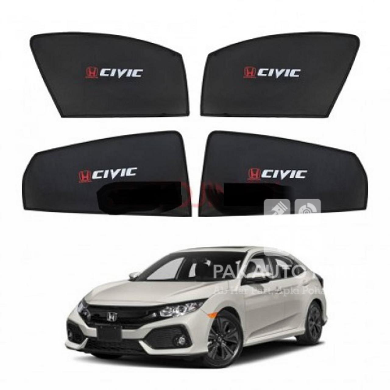 Picture of Honda Civic 2016-2021 Sun Shades Car Windows Curtains 4 pieces With Civic Logo | Fold-able | Jet Black